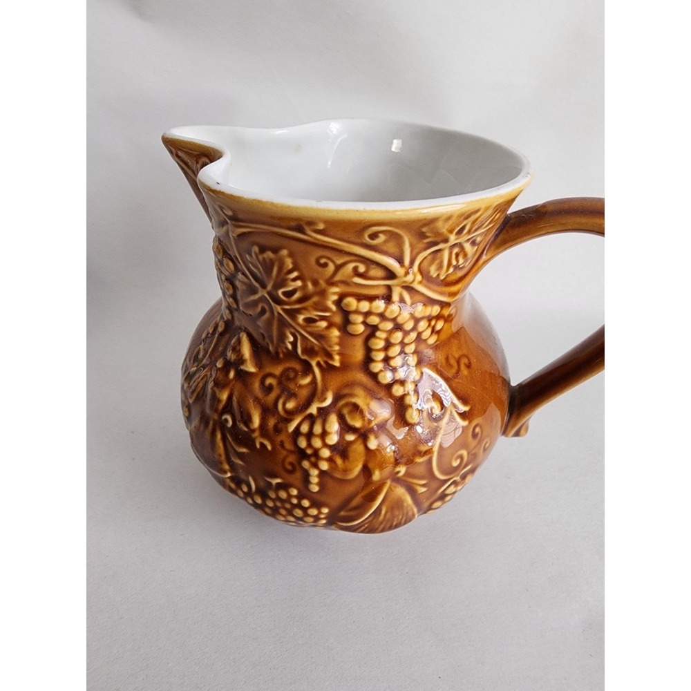 Vintage Brown Glazed Ceramic Grape Vine Pitcher Creamer Embossed Harvest Decor